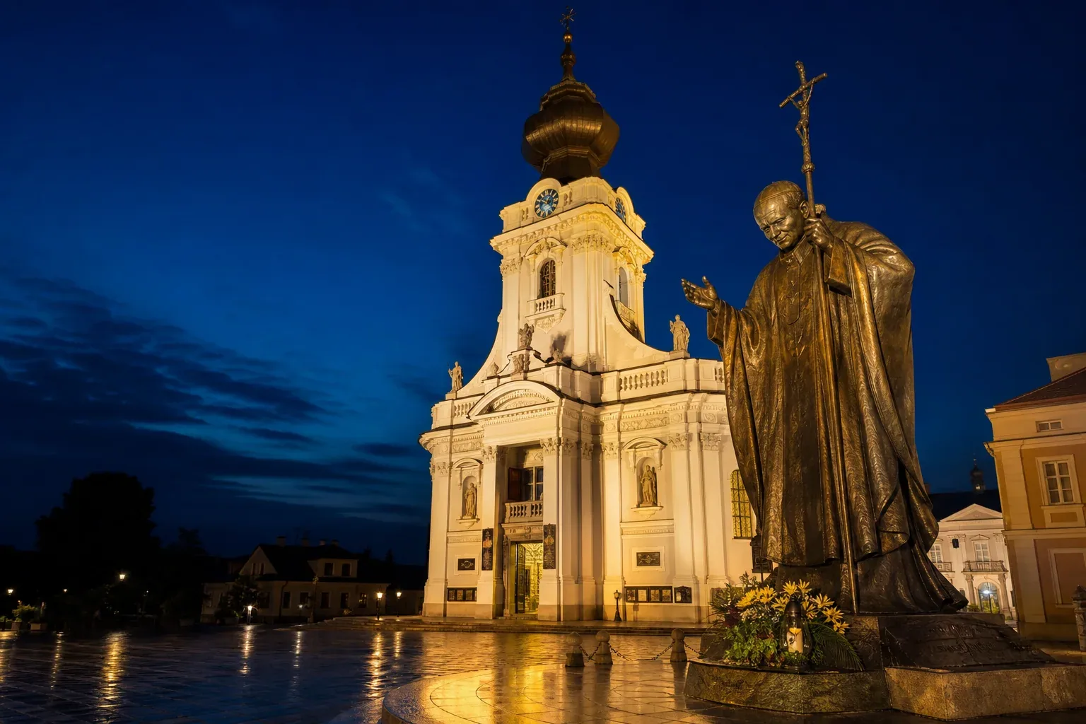 The monument to St. John Paul II on the square in Wadowice, in front of the basilica where he was baptised, at night